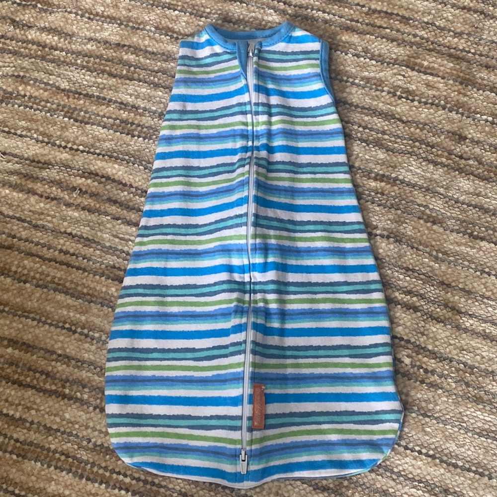 SwaddleMe Sleeveless Blue Green White Striped Zip Up Sleep Sack Swaddle SM